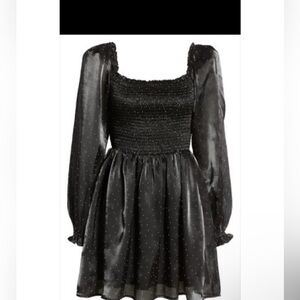 Charles Henry Smocked Black and White Long Sleeve Polka Dot Dress